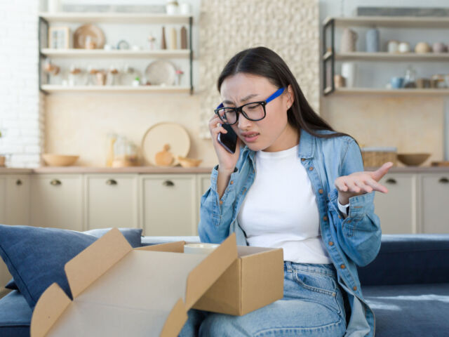 Unsatisfied woman received a broken parcel delivered from an online online store, Asian quarrels with the customer support service, talks to the operator on the phone, sitting home in the kitchen